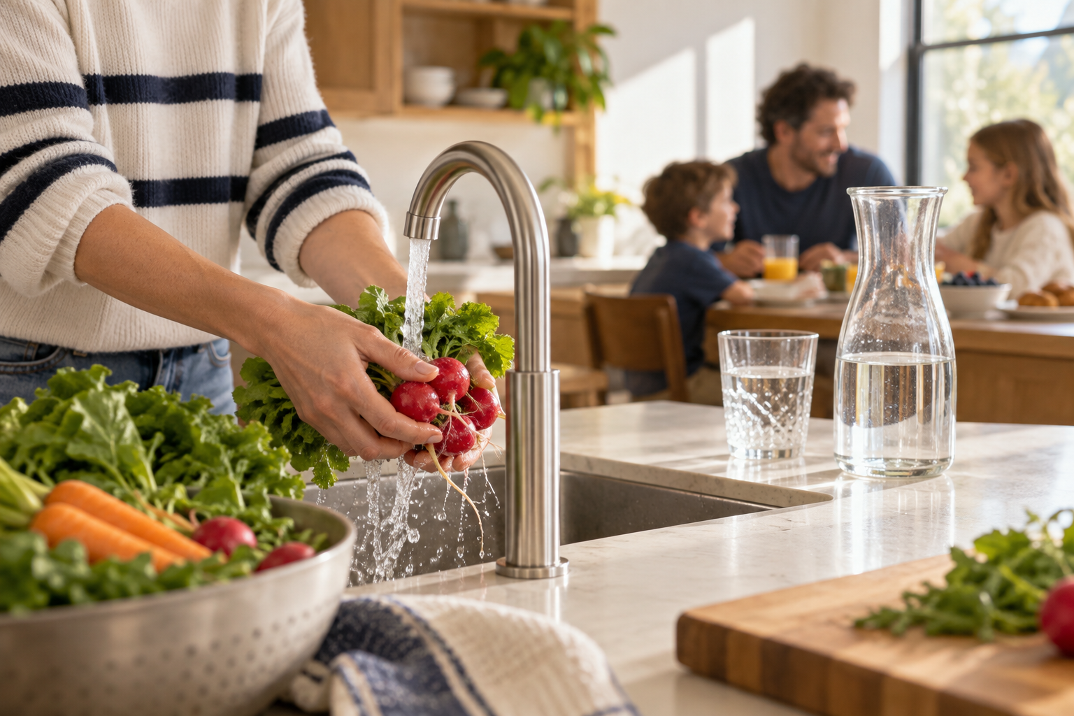 Everyday kitchen scene with vegetables being rinsed, a glass of water and family breakfast in the background